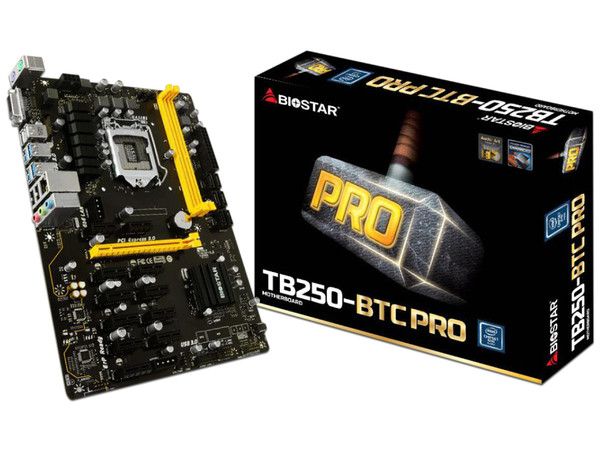 T. Madre Biostar TB250-BTC PRO, ChipSet Intel B250, 
Soporta: Core i7/i5/i3/Celeron de 6ta y 7ma Gen.  de Socket 1151,
Memoria: DDR4 2400/2133/1866 MHz, 32GB Max,
Integrado: Audio HD, Red, USB 3.0 y SATA 3.0,
ATX, Ptos: 1xPCIEx16, 11xPCIEx1.
