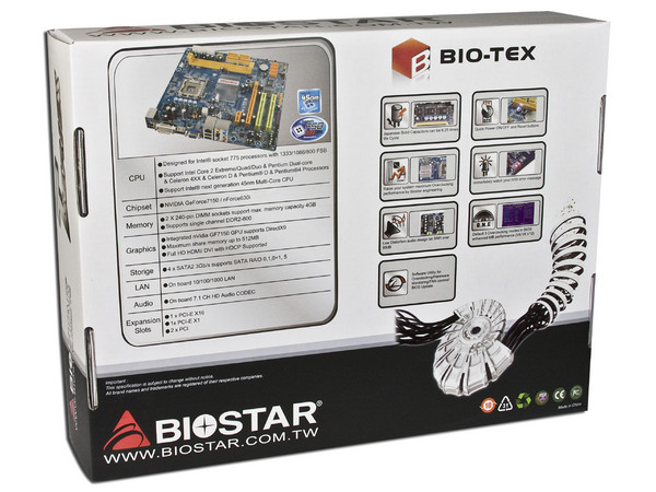 T. Madre Biostar TF7150U-M7, GeForce 7150,
Para: Cel.400, DualCore/2Duo, Quad 1333/1066MHz,
Integrado: Video con HDMI y DVI, Audio HD, Red100/1000,
Memoria: 2x DDR2, Max. 4GB, Diseño MicroATX,
Puertos: 1xPCI-EX16, 1xPCI-EX1, 2xPCI