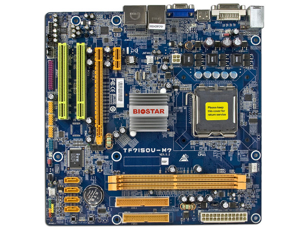T. Madre Biostar TF7150U-M7, GeForce 7150,
Para: Cel.400, DualCore/2Duo, Quad 1333/1066MHz,
Integrado: Video con HDMI y DVI, Audio HD, Red100/1000,
Memoria: 2x DDR2, Max. 4GB, Diseño MicroATX,
Puertos: 1xPCI-EX16, 1xPCI-EX1, 2xPCI