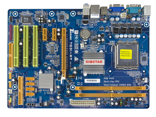 T. Madre Biostar TG31-A7, ChipSet Intel G31,
Soporta: Cel.400, DualCore/Duo/Quad, 1066/1333MHz,
Memoria: DDR2 1066/800/Mhz, 2 Bancos, 4GB Max,
Integrado: Audio HD, Red 100/1000, Video Intel,
Diseño: ATX, Ptos: 1xPCEx16, 2xPCEx1, 3xPCI