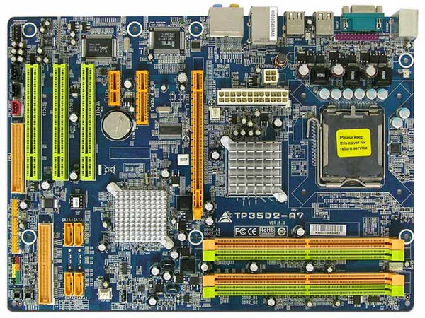 T. Madre Biostar TP35D2-A7, ChipSet Intel P35,
Soporta: Cel.400, DualCore/Duo/Quad, 1066/1333MHz,
Memoria: DDR2 1066/800/Mhz, 4 Bancos, 8GB Max,
Integrado: Audio 7.1, Red 10/100/1000,
Diseño: ATX, Ptos: 1xPCEx16, 2xPCE, 3xPCI