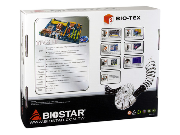 T. Madre Biostar TP45 HP, ChipSet Intel P45,
Soporta: Cel.400, DualCore/Duo/Quad,1333/1600MHz,
Memoria: DDR2 1066/800/MHz, 4 Bancos, 16GB Max,
Integrado: Audio HD, Red 100/1000,
Diseño: ATX, Ptos: 2xPCEx16 2.0, 2xPCEx1 2.0, 2xPCI