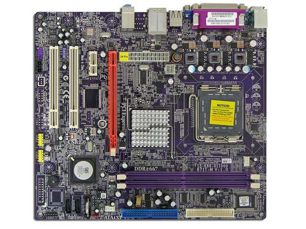 T. Madre ECS 671T-M, ChipSet SiS 671&968,
Soporta: Celeron400, DualCore, Core2Duo,
Integrado: Audio 7.1, Red, Video SiS Mirage3,
Memoria: DDR2 667/533/400, 2 Bancos, 4GBMax,
Diseño: microATX, Ptos: 2xPCI, 1xPCE, 1xPCEx16