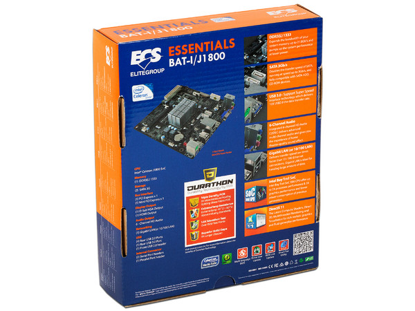 T. Madre ECS BAT-I/J1800, 
Procesador Integrado Intel Celeron J1800 (hasta 2.58 GHz), 
Memoria: DDR3L SO-DIMM, 8 GB Max, 
Integrado: Video Intel HD graphics, Audio, Red, 
SATA 3.0, USB 3.0, 
Mini-ITX, PCI-E Mini Card.
