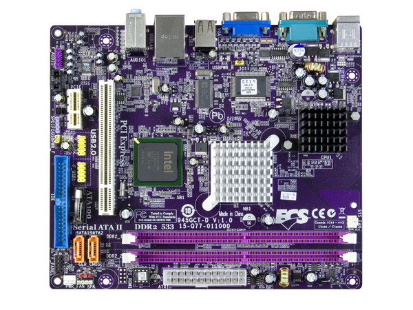 T. Madre ECS Mini-DTX 945GCT-D,
Procesador Integrado Intel Atom 1.60Ghz,
Integrado: Audio, Red, Video GMA 950,
Memoria: DDR2 400/533, 2 Bancos, 2GBMax,
Ptos: 1xPCI, 1xPCIEx1. Compatible con Gabinetes mATX.