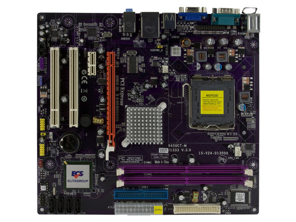 T. Madre ECS 945GCT-M/1333, ChipSet Intel 945GC,
Soporta: Cel.400, DualCore/2Duo, 1066/1333MHz,
Memoria: DDR2 533/667Mhz, 2 Bancos, 4GB Max,
Integrado: Video, Audio HD, Red 10/100,
Diseño: MicroATX, Ptos: 1xPCEx16, 1xPCEx1, 2xPCI