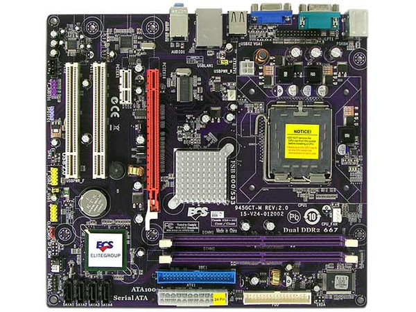 T. Madre ECS 945GCT-M (V2.0), ChipSet Intel 945GC & ICH7,
Soporta: Cel.400, DualCore/2Duo, 1066MHz,
Memoria: DDR2 667/533/400Mhz, 2 Bancos, 2GB Max,
Integrado: Video Intel GMA950, Audio HD, Red 10/100,
Diseño: MicroATX, Ptos: 1xPCEx16, 2xPCI