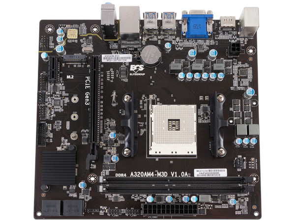 T. Madre ECS A320AM4-M3D, Chipset AMD A320,
Soporta: AMD Ryzen 3ra, 4ta y 5ta Generación, Socket AM4,
Memoria: DDR4 3200/2400/2133 MHz, 32GB Max,
Integrado: Audio HD, Red, USB 3.0,
SATA 3.0, M.2,
Micro-ATX, Ptos: 1xPCIE 3.0 x16.