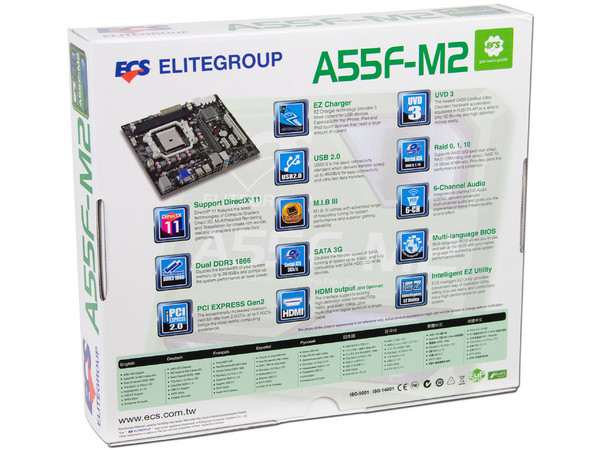 T. Madre ECS A55F-M2, Chipset AMD A55,
Soporta: AMD A8/A4/E2, Athlon II X4 de Socket FM1,
Memoria: DDR3 1333/1600/1866 MHz,
Integrado: Audio HD, Red,
Diseño MicroATX, Ptos: 1xPCIEX16, 2xPCIEX1, 1xPCI