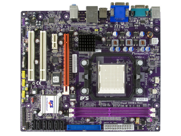 T. Madre ECS A740GM-M V1.0A, ChipSet AMD 740G,
Soporta: Phenom, Athlon 64/Athlon 64 X2, Socket AM2+,
Integrado: Audio HD, Video AMD 740G, Red 10/100,
Memoria: 2x DDR2, Max. 16GB, Diseño MicroATX,
Ptos: 1xPCI-E X16, 1xPCI-E X1, 2xPCI