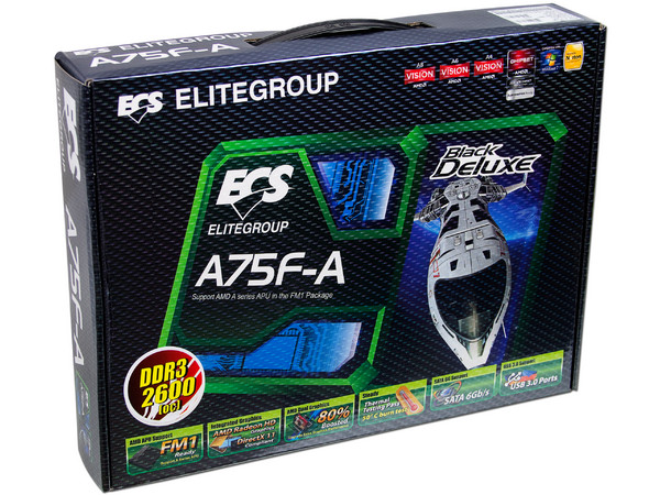 T. Madre ECS A75F-A, Chipset AMD A75 FCH,
Soporta: AMD A8/A4/E2 de Socket FM1,
Memoria: DDR3 1333/1600/1866/2600(OC) MHz, 16GB Max,
USB 3.0 y SATA 3.0,
Integrado: Audio HD, Red,
ATX, Ptos: 1xPCIEX16, 1xPCIEX4