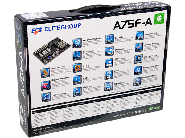 T. Madre ECS A75F-A, Chipset AMD A75 FCH,
Soporta: AMD A8/A4/E2 de Socket FM1,
Memoria: DDR3 1333/1600/1866/2600(OC) MHz, 16GB Max,
USB 3.0 y SATA 3.0,
Integrado: Audio HD, Red,
ATX, Ptos: 1xPCIEX16, 1xPCIEX4