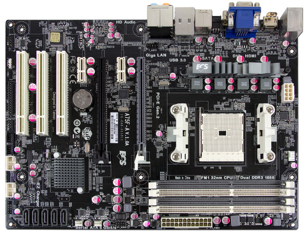 T. Madre ECS A75F-A, Chipset AMD A75 FCH,
Soporta: AMD A8/A4/E2 de Socket FM1,
Memoria: DDR3 1333/1600/1866/2600(OC) MHz, 16GB Max,
USB 3.0 y SATA 3.0,
Integrado: Audio HD, Red,
ATX, Ptos: 1xPCIEX16, 1xPCIEX4