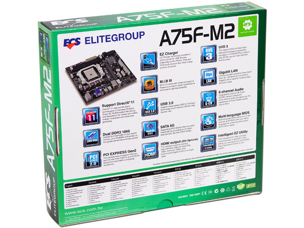 T. Madre ECS A75F-M2, Chipset AMD A75 FCH,
Soporta: AMD A8/A6/A4 de Socket FM1,
Memoria: DDR3 1866/1600/1333 MHz, 16GB Max,
 USB 3.0 y SATA 3.0,
Integrado: Audio HD, Red,
Micro-ATX, Ptos: 1xPCIEX16, 2xPCIEX1