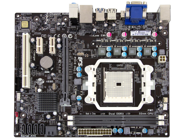 T. Madre ECS A75F-M2, Chipset AMD A75 FCH,
Soporta: AMD A8/A6/A4 de Socket FM1,
Memoria: DDR3 1866/1600/1333 MHz, 16GB Max,
 USB 3.0 y SATA 3.0,
Integrado: Audio HD, Red,
Micro-ATX, Ptos: 1xPCIEX16, 2xPCIEX1