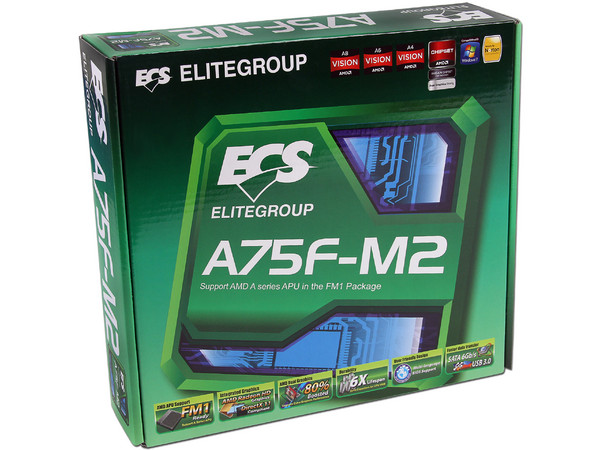 T. Madre ECS A75F-M2, Chipset AMD A75 (Hudson D3),
Soporta: AMD A8/A6/A4 de Socket FM1,
Memoria: DDR3 1866/1600/1333 MHz, 16GB Max,
 USB 3.0 y SATA 3.0,
Integrado: Audio HD, Red,
Micro-ATX, Ptos: 1xPCIEX16, 2xPCIEX1