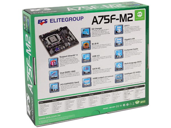 T. Madre ECS A75F-M2, Chipset AMD A75 (Hudson D3),
Soporta: AMD A8/A6/A4 de Socket FM1,
Memoria: DDR3 1866/1600/1333 MHz, 16GB Max,
 USB 3.0 y SATA 3.0,
Integrado: Audio HD, Red,
Micro-ATX, Ptos: 1xPCIEX16, 2xPCIEX1