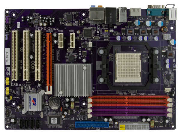 T. Madre ECS A770M-A, ChipSet AMD 770&SB600,
Soporta: Phenom, Athlon 64 X2, Socket AM2+,
Integrado: Audio HD, Red,
Memoria: 4x DDR2 1066Mhz, Max. 32GB, Diseño ATX,
Ptos: 1xPCIEX16, 2xPCI-E X1, 3xPCI