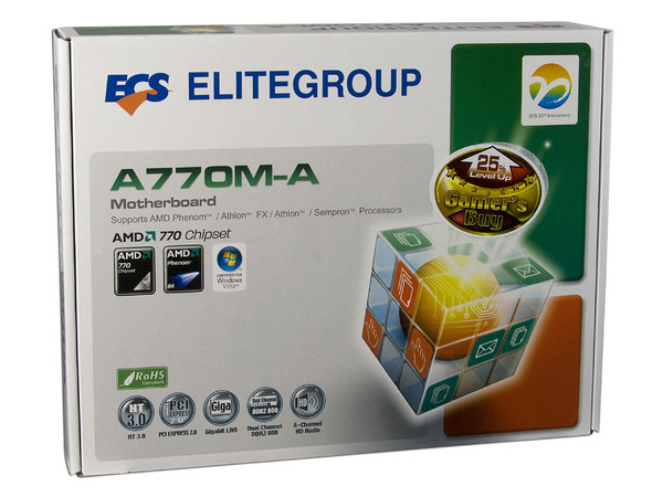 T. Madre ECS A770M-A, ChipSet AMD 770&SB600,
Soporta: Phenom, Athlon 64 X2, Socket AM2+,
Integrado: Audio HD, Red,
Memoria: 4x DDR2 1066Mhz, Max. 32GB, Diseño ATX,
Ptos: 1xPCIEX16, 2xPCI-E X1, 3xPCI