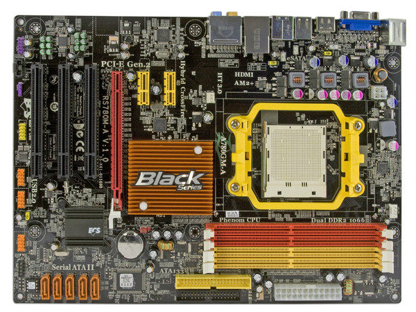 T. Madre ECS A780GM-A, ChipSet  AMD 780G,
Soporta: Phenom, Athlon 64 X2, Socket AM2+,
Integrado: Video ATI HD3200, Audio HD, Red,
Memoria: 4x DDR2 1066Mhz, Max. 32GB, Diseño ATX,
Ptos: 1xPCIEX16, 2xPCI-E X1, 3xPCI