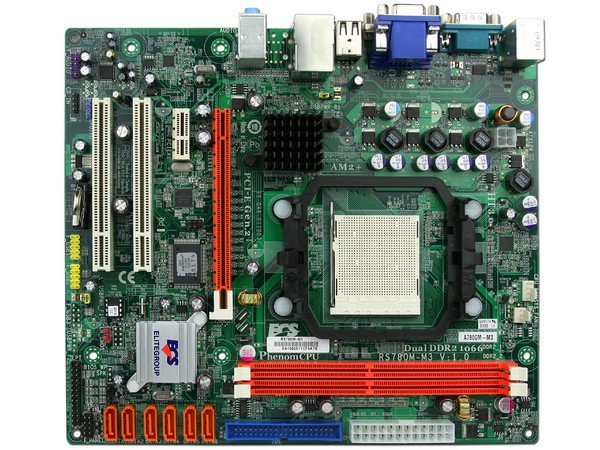 T. Madre ECS A780GM-M3, ChipSet AMD 780G,
Soporta: Phenom I y II, Athlon 64X2, Socket AM2+,
Integrado: Video ATI HD3200, Audio HD, Red,
Memoria: DDR2 1066Mhz, Max. 16GB, Diseño MATX,
Ptos: 1xPCIEX16, 1xPCIEX1, 2xPCI