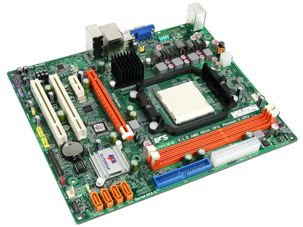T. Madre ECS A780LM-M, ChipSet AMD 760G,
Soporta: Phenom II X4/Athlon/Sempron de Socket AM3,
Memoria: DDR3 1333/1066 MHz, 8GB Max.
Integrado: Video ATI HD3000, Audio HD, Red,
Diseño Micro-ATX, Ptos: 1xPCIEX16, 1xPCIEX1, 2xPCI