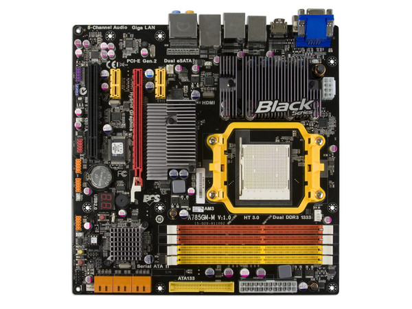 T. Madre ECS Black Series A785GM-M, ChipSet AMD 785G,
Soporta: Phenom II X3 y X4 de Socket AM3,
Integrado: Video ATI HD 4200, Audio HD, Red,
Memoria: DDR3 1333/1066 MHz,
Diseño ATX,Ptos: 1xPCIEX16, 2xPCI-EX1, 1xPCI