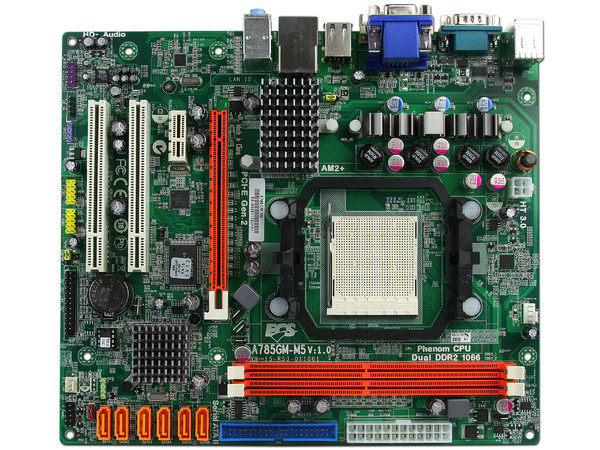 T. Madre ECS A785GM-M5, ChipSet AMD 785G,
Soporta: Phenom II X3 y X4 Soporta AM2+ y AM3,
Integrado: Video Radeon HD4200, Audio HD, Red,
Memoria: DDR2 1066MHz/800MHz,
Diseño mATX, Ptos: 1xPCIEX16, 1xPCIEX1, 2xPCI