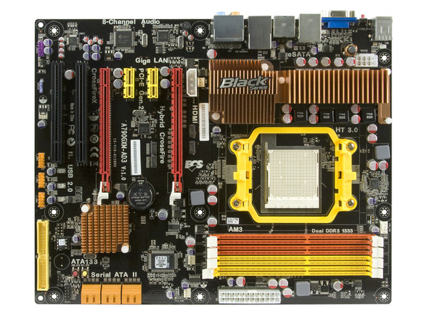 T. Madre ECS A790GXM-AD3, ChipSet AMD 790GX,
Soporta: Phenom II X3 y X4 de Socket AM3,
Integrado: Video ATI HD3300, Audio HD, Red,
Memoria: DDR3 1333/1066 MHz,
Diseño ATX,Ptos: 2xPCIEX16, 2xPCI-EX1, 2xPCI