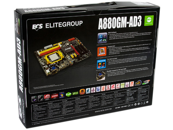 T. Madre ECS A880GM-AD3, Chipset AMD880G,
Soporta: Phenom II X3, X4 y X6 Socket AM3,
Memoria: DDR3 1600(OC)/1333, 32GB Max,
Integrado: Audio HD, Red, Video Radeon HD 4250,
Diseño ATX, Ptos: 1xPCIEX16, 2xPCIEX1, 3xPCI