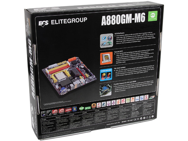 T. Madre ECS A880GM-M6, ChipSet AMD 880G,
Soporta: Phenom II X6 de Socket AM3,
Integrado: Video Radeon HD 4250, Audio HD, Red,
Memoria: 1600(OC)/1333/1066 MHz,
Diseño Micro-ATX, Ptos: 1xPCIEX16, 2xPCIEX1, 1xPCI