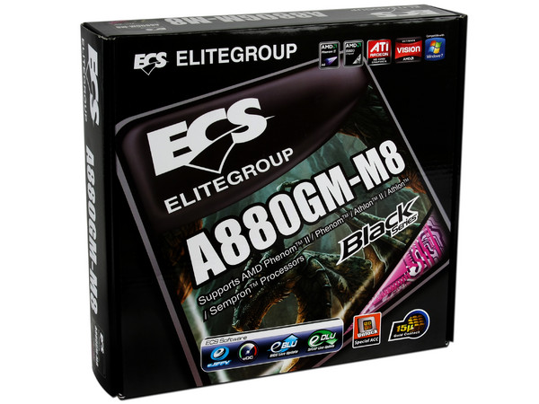 T. Madre ECS A880GM-M8, ChipSet AMD 880G,
Soporta: Phenom II X6 de Socket AM3, 
Integrado: Video ATI Radeon HD4250, Audio HD, Red,
Memoria: DDR3 1600(OC)/1333/1066MHz,
Diseño Micro ATX, Ptos: 1xPCIEX16, 2xPCI-EX1, 1x