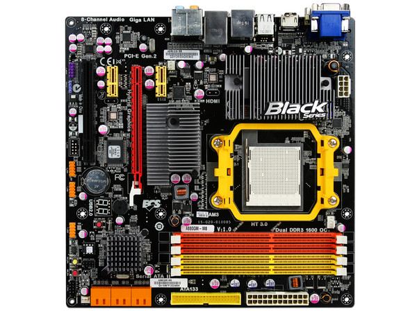 T. Madre ECS A880GM-M8, ChipSet AMD 880G,
Soporta: Phenom II X6 de Socket AM3, 
Integrado: Video ATI Radeon HD4250, Audio HD, Red,
Memoria: DDR3 1600(OC)/1333/1066MHz,
Diseño Micro ATX, Ptos: 1xPCIEX16, 2xPCI-EX1, 1x