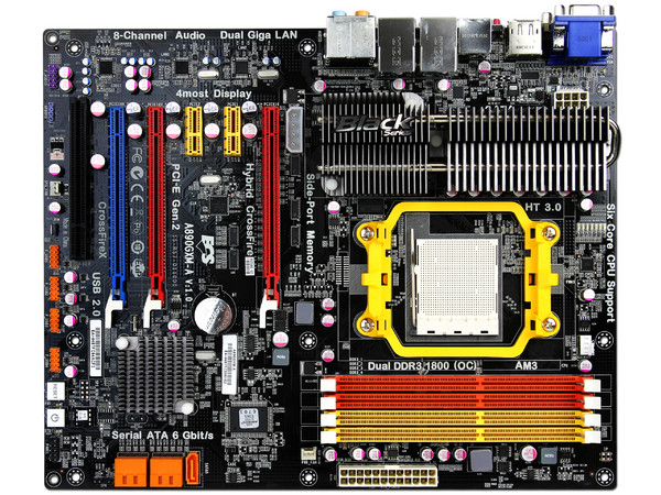 T. Madre ECS A890GXM-A, ChipSet AMD 890GX,
Soporta: Phenom II X6, X4 de Socket AM3,
Integrado: Video ATI HD4290, Audio HD, Red,
Memoria: DDR3 1800(O.C.)/1600(O.C.) MHz,
Diseño ATX,Ptos: 3xPCIEX16, 2xPCI-EX1, 1xPCI