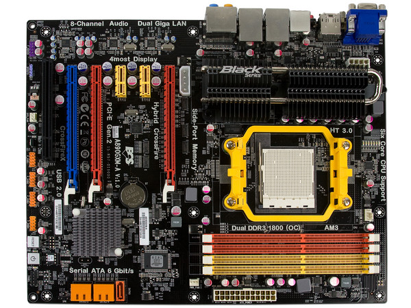 T. Madre ECS A890GXM-A, ChipSet AMD 890GX,
Soporta: Phenom II X6 de Socket AM3,
Integrado: Video ATI Radeon HD4290, Audio HD, Red,
Memoria: DDR3 1333/1066 MHz,
Diseño ATX,Ptos: 3xPCIEX16, 2xPCI-EX1, 1xPCI