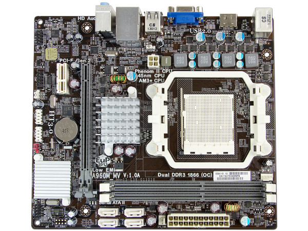 T. Madre ECS A960M-MV, ChipSet AMD 760G,
Soporta: AMD FX/ Phenom II/ Athlon II de Socket AM3+,
Memoria: DDR3 1866(OC)/1333/1066 MHz, 16GB Max,
Integrado: Audio HD, Red, Video ATI Radeon HD3000,
Micro-ATX, Ptos: 1xPCIEX16, 1xPCI-EX1.