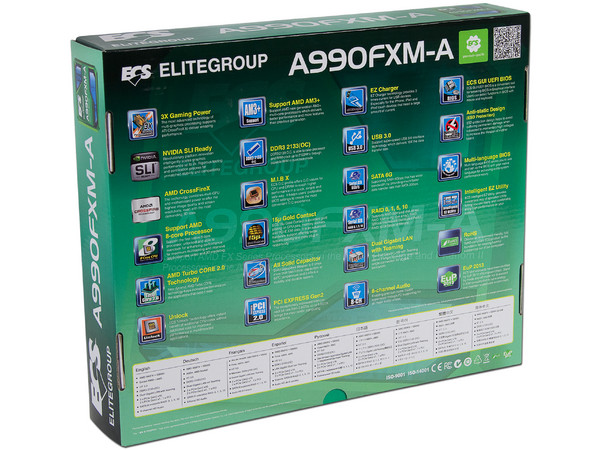 T. Madre ECS A990FXM-A, Chipset AMD 990FX,
Soporta: Phenom II X8 de Socket AM3+,
Memoria: DDR3 2133(OC)/1866/1600/1333/1066 MHz, 32GB Max,
Integrado: Audio HD, Red,
USB 3.0 y Serial ATA 3.0,
ATX, Ptos: 3xPCIEX16, 2xPCI-EX1