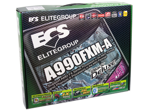 T. Madre ECS A990FXM-A DELUXE, Chipset AMD 990FX,
Soporta: Phenom II X8 de Socket AM3+,
Integrado: Audio HD, Red,
USB 3.0 y Serial ATA 3.0,
Memoria: DDR3 2133(OC)/1866/1600/1333/1066 MHz,
Diseño ATX, Ptos: 3xPCIEX16, 2xPCI-EX1, 1xPC