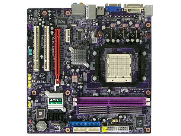 T. Madre ECS AMD690GM-M2, ChipSet AMD 690G,
Soporta: Athlon 64/Athlon 64 X2 Dual-Core, Socket AM2,
Integrado: Video RADEON X1250, Audio 5.1, Red 10/100,
Memoria: 2x DDR2, Max. 16GB, Diseño MicroATX,
Ptos: 1xPCI-E X16, 1xPCI-E X1, 2xPCI