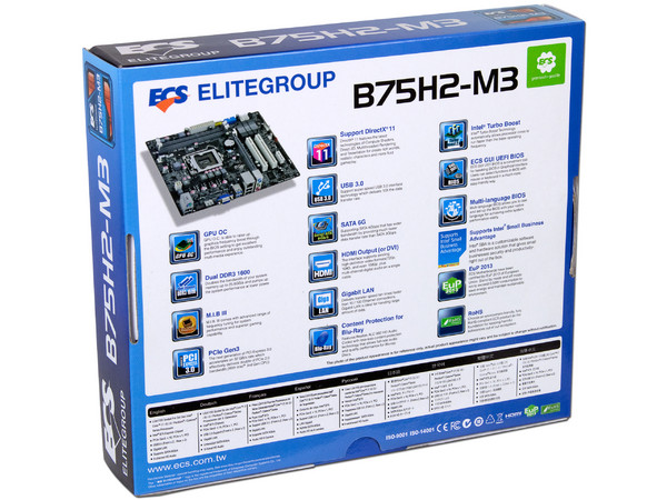 T. Madre ECS B75H2-M3, Chipset Intel B75 Exp.,
Soporta: Intel Core i7 / i5/ i3/ Pentium/ Celeron de Socket 1155,
Memoria: DDR3 1600/1333/1066 MHz, 16 GB Max,
SATA 3.0, USB 3.0,
Integrado: Audio HD, Red,
Micro-ATX, Ptos: 1xPCIEX16, 1xPCI-EX1, 2xPC