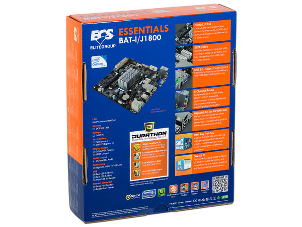T. Madre ECS BAT-I/J1800, 
Procesador Integrado Intel Celeron J1800 (hasta 2.58 GHz), 
Memoria: DDR3L SO-DIMM, 8 GB Max, 
Integrado: Video Intel HD graphics, Audio, Red, 
SATA 3.0, USB 3.0, 
Mini-ITX, PCI-E Mini Card.