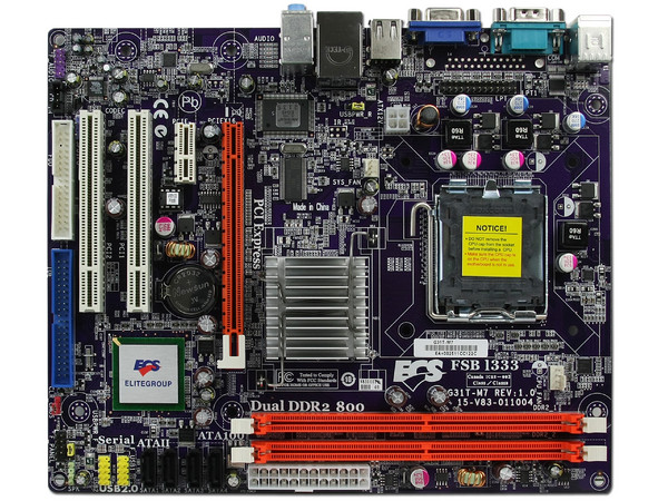 T. Madre ECS G31T-M7, ChipSet Intel G31 & ICH7,
Soporta: Cel.400, DualCore/2Duo, 1066/1333MHz,
Memoria: DDR2 667/800/Mhz, 2 Bancos, 4GB Max,
Integrado: Video Intel 3100, Audio HD, Red 10/100,
Diseño: MicroATX, Ptos: 1xPCEx16, 1xPCEx1, 2xPCI