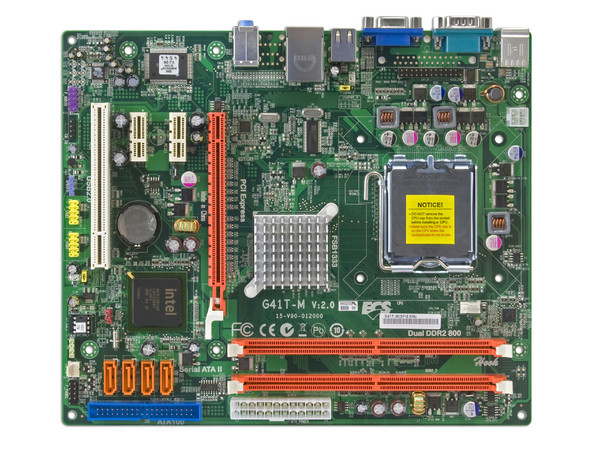 T. Madre ECS G41T-M, ChipSet Intel G41 & ICH7,
Soporta: Cel.400, DualCore, 2Duo, Quad,1066/1333MHz,
Memoria: DDR2 667/800Mhz, 2 Bancos, 8GB Max,
Integrado: Video, Audio HD, Red 10/100,
Diseño: MicroATX, Ptos: 1xPCEx16, 2xPCEx1, 1xPCI