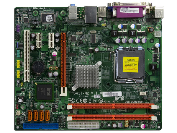 T. Madre ECS G41T-M2, ChipSet Intel G41 & ICH7,
Soporta: Cel.400, DualCore/2Duo, 1066/1333MHz,
Memoria: DDR2 667/800/Mhz, 2 Bancos, 8GB Max,
Integrado: Video Intel X4500, Audio HD, Red 10/100,
Diseño: MicroATX, Ptos: 1xPCEx16, 2xPCEx1, 1xPCI