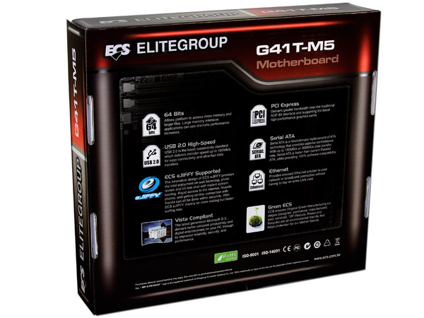 T. Madre ECS G41T-M5, ChipSet Intel G41 & ICH7,
Soporta: Cel.400, DualCore, 2Duo, Quad,1066/1333MHz,
Memoria: DDR2 667/800Mhz, 2 Bancos, 8GB Max,
Integrado: Video, Audio HD, Red 10/100,
Diseño: MicroATX, Ptos: 1xPCEx16, 2xPCEx1, 1xPCI