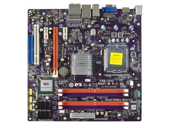 T. Madre ECS G43T-M, ChipSet Intel G43 & ICH10,
Soporta: Cel.400, DualCore, 2Duo, Quad,1066/1333MHz,
Memoria: DDR2 667/800Mhz, 4 Bancos, 8GB Max,
Integrado: Video, Audio HD, Red 10/100,
Diseño: MicroATX, Ptos: 1xPCEx16, 2xPCEx1, 1xPCI