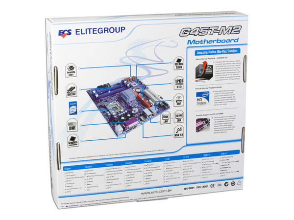 T. Madre ECS G45T-M2, ChipSet Intel G45 & ICH10,
Soporta: Cel.400, DualCore, Core 2Duo, 1066/1333MHz,
Memoria: DDR2 667/800Mhz, 4 Bancos, 16GB Max,
Integrado: Video, Audio HD, Red 10/100,
Diseño: MicroATX, Ptos: 1xPCEx16, 1xPCEx1, 2xPCI