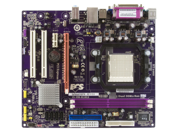 T. Madre ECS GeForce6100PM-M2 (V2.0), ChipSet nForce 430,
Soporta: Phenom, Athlon 64 X2, Socket AM2+,
Integrado: Video NVIDIA 6100, Audio HD, Red,
Memoria: 2x DDR2 667/800Mhz, Max.16GB, microATX,
Ptos: 1xPCIEX16, 1xPCIEX1, 2xPCI