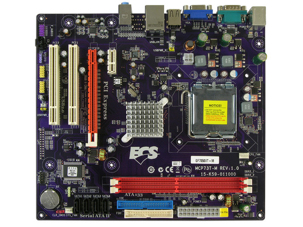 T. Madre ECS GF7050VT-M, ChipSet GeForce 7050,
Soporta: Cel.400, DualCore/2Duo/Quad, 1066/1333MHz,
Memoria: DDR2 667/533MHz, 2 Bancos, 2GBMax,
Integrado: Video GeForce 7, Audio HD, Red 10/100,
Diseño: MicroATX, Ptos: 1xPCEx16, 1xPCEx1, 2xPCI