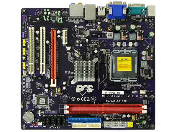 T. Madre ECS GF7100PVT-M3, ChipSet GeForce 7100,
Soporta: Cel.400, DualCore/2Duo/Quad, 1066/1333MHz,
Memoria: DDR2 800/667MHz, 2 Bancos, 4GB Max,
Integrado: Video GeForce 7, Audio HD, Red 10/100/1000,
Diseño: MicroATX, Ptos: 1xPCEx16, 1xPCEx1, 2xPCI